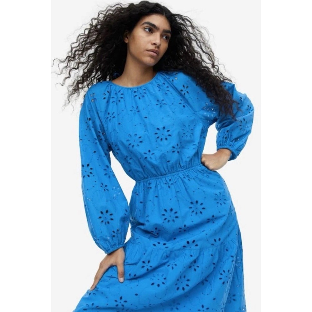 H & M Women's S Broderie Anglaise Tie Open Back Eyelet Midi Dress Cottagecore